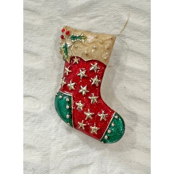 Vintage Enamel Christmas Stocking Brooch Pin Red Green Gold Stars & Holly CP08 - Picture 2 of 3